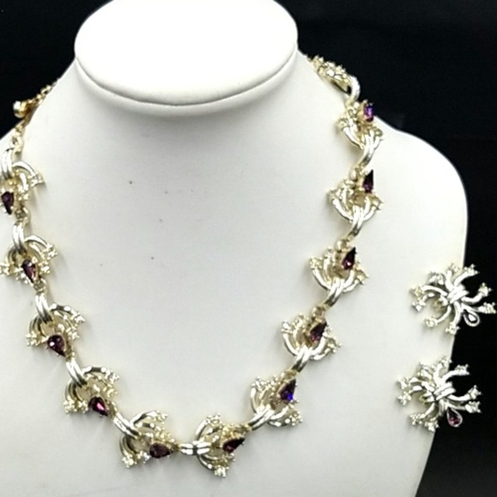 Rare Vintage Duane Purple Rhinestone Necklace Earring Set - Picture 3 of 14
